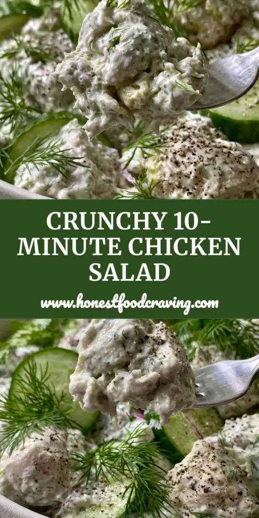 A close-up vertical shot of Cucumber Dill Chicken Salad with chunky chicken, thick Persian cucumbers, and fresh dill sprigs in a white bowl.