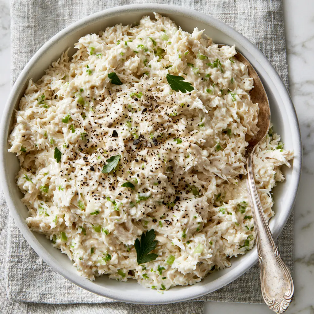 Finely minced celery and black pepper dispersed throughout a creamy chicken salad mixture.