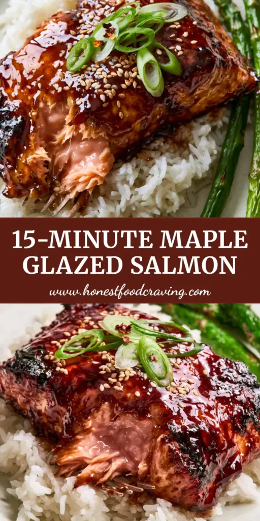 Maple Glazed Salmon: The Ultimate Pan-Seared Fillet with Charred Edges 4 A thick, pan-seared Maple Glazed Salmon fillet with charred edges resting on white jasmine rice, garnished with sesame seeds and scallions.