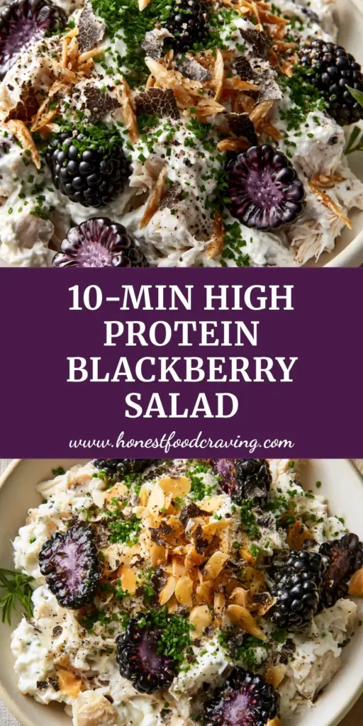 High-angle view of Blackberry Cottage Cheese Chicken Salad in a matte-cream bowl, featuring obsidian blackberries, sliced purple centers, and toasted slivered almonds on an oak wood surface.