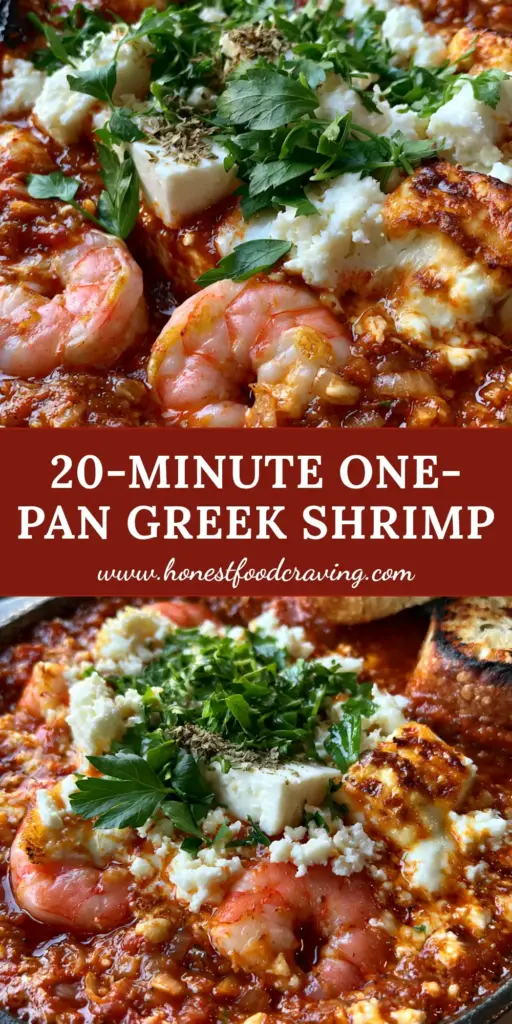 A rustic black cast iron skillet filled with bubbling Greek Shrimp Saganaki, featuring seared pink jumbo shrimp, chunky tomato sauce, and chunks of feta with toasted golden-brown edges, garnished with fresh parsley and served with charred sourdough baguette.