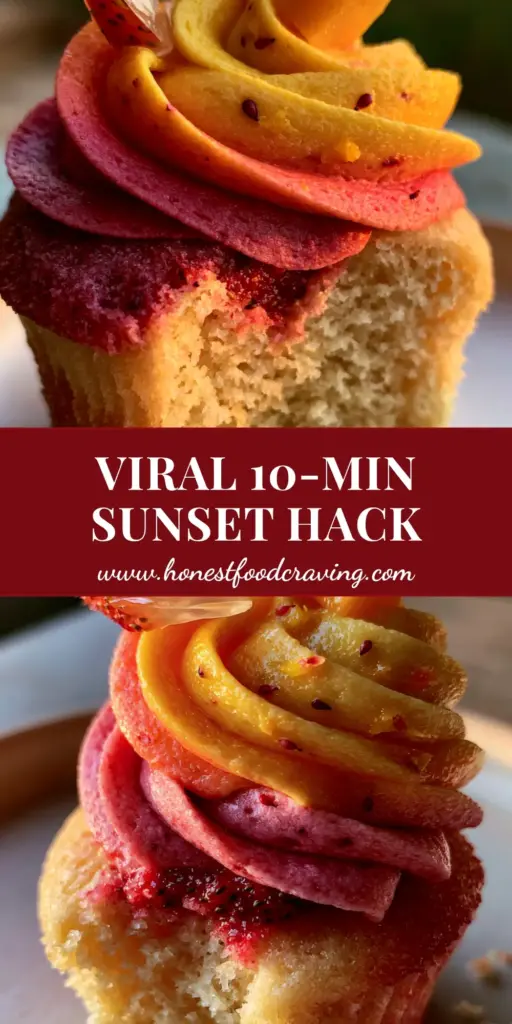 A gourmet mango strawberry sunset cupcake with a tall ombre red-to-gold buttercream swirl, fresh strawberry slice, and mango cube on a ceramic plate.