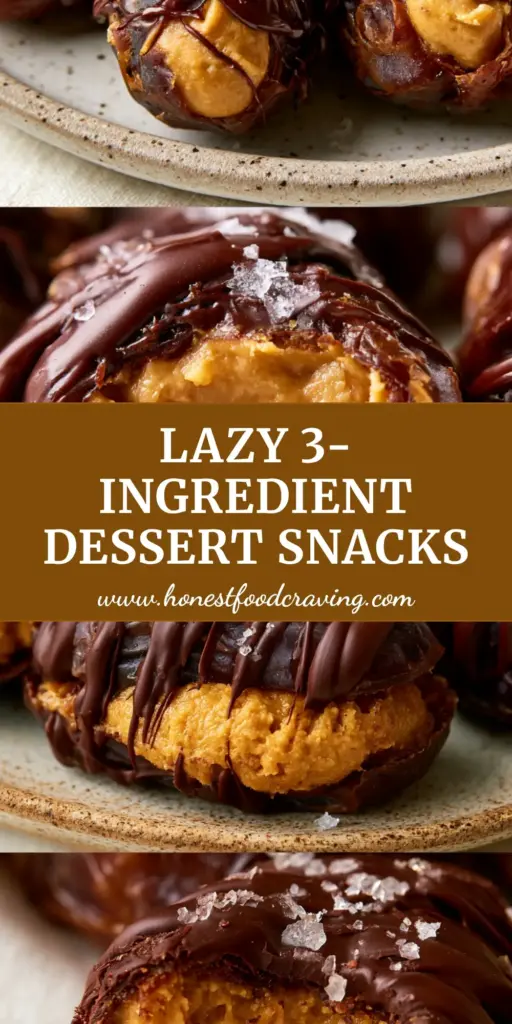 3-ingredient snacks: Easy Chocolate Peanut Butter Stuffed Medjool Dates 4 A vertical collage of healthy 3-ingredient snacks including chocolate drizzled Medjool dates with peanut butter and sea salt. (3-ingredient snacks)