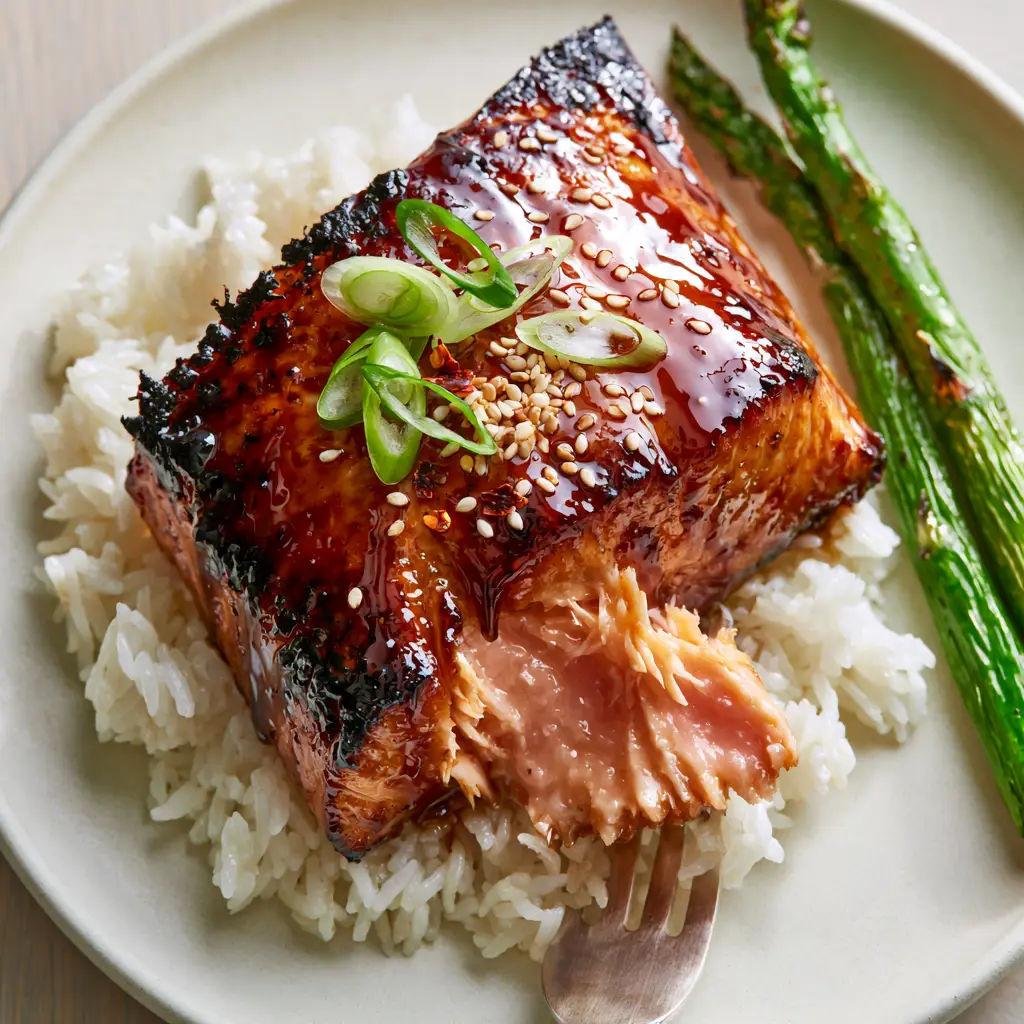 Maple Glazed Salmon: The Ultimate Pan-Seared Fillet with Charred Edges 2 Top-down macro shot of Maple Glazed Salmon with a thick glistening glaze and visible charred edges.