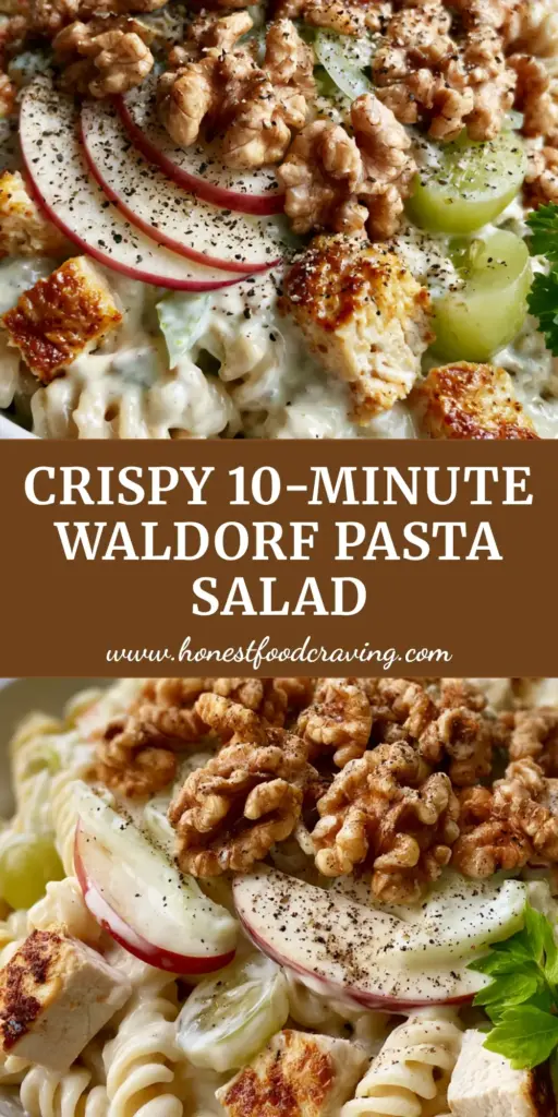 Waldorf Chicken Pasta Salad with Creamy Yogurt Dressing and Toasted Walnuts 4 A close-up of Waldorf Chicken Pasta Salad in a white bowl featuring golden chicken, red apples, and walnuts. (Waldorf Chicken Pasta Salad)