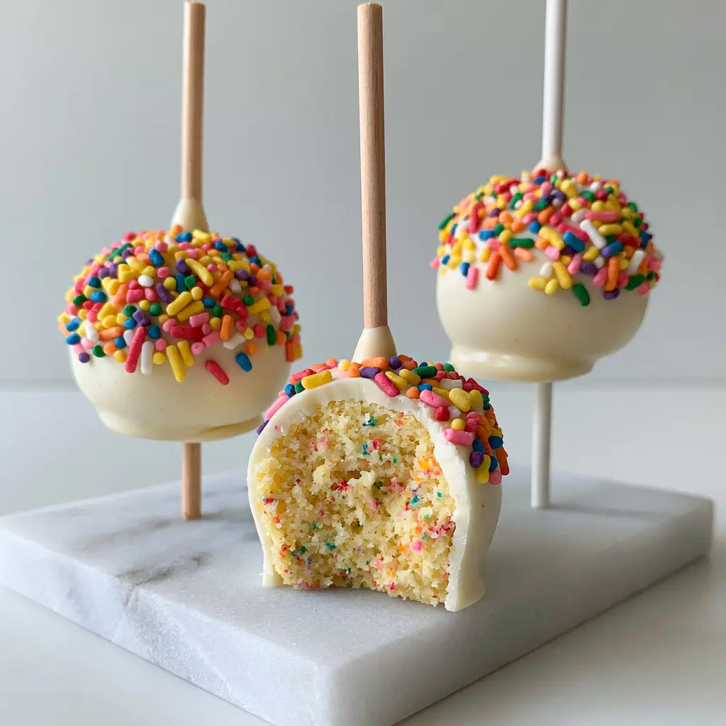 Funfetti Cake Pops: The Best Moist Yellow Cake Recipe 2 A close-up handheld photo of three funfetti cake pops, one with a bite taken out revealing a moist sprinkle-flecked yellow cake interior.