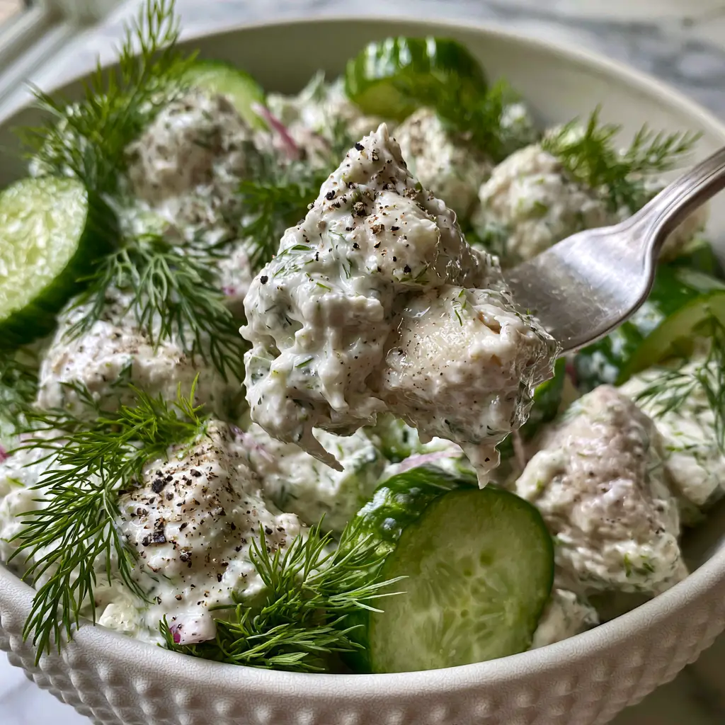 A fork lifting a messy, creamy bite of Cucumber Dill Chicken Salad toward the camera, showing the texture of the yogurt dressing.