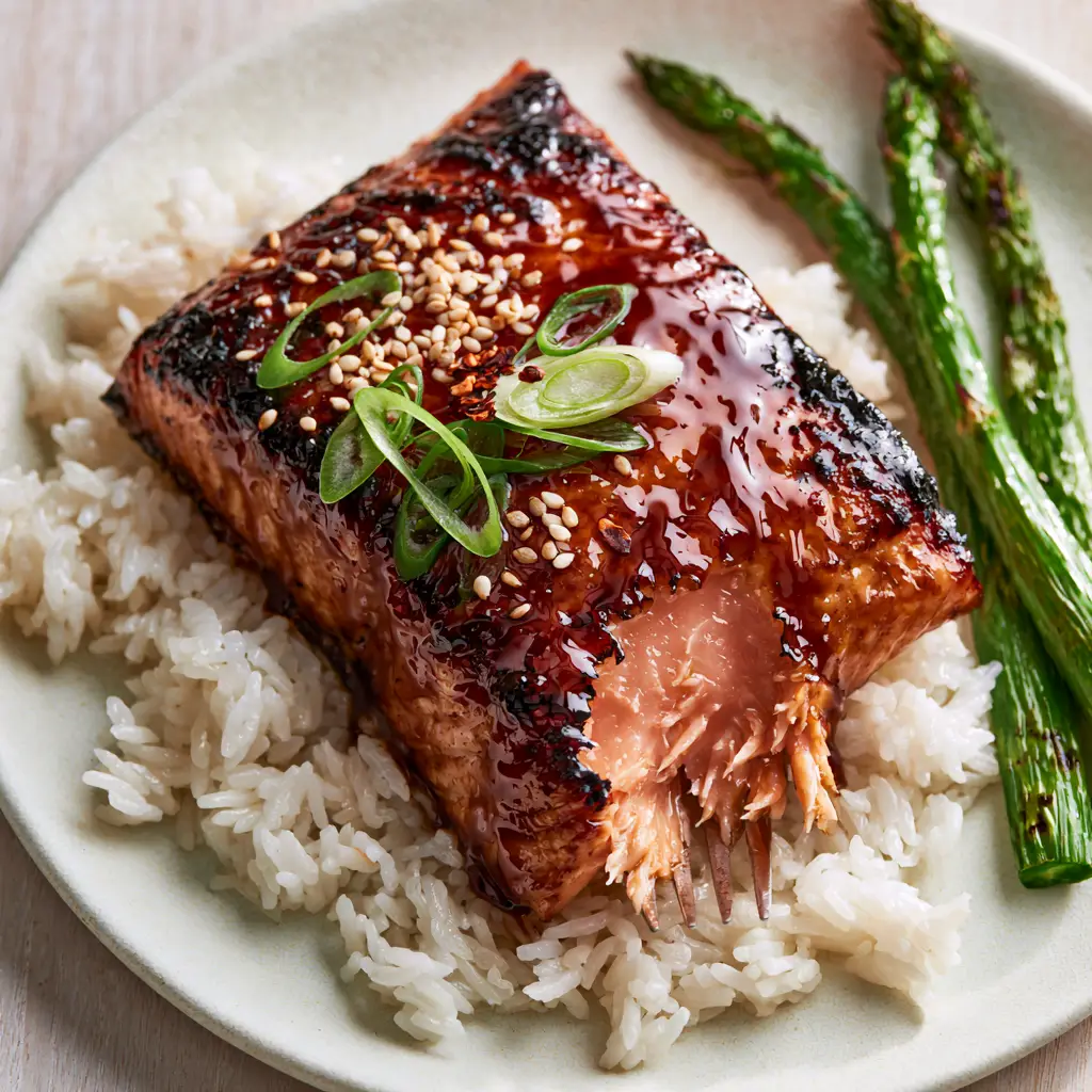 Maple Glazed Salmon: The Ultimate Pan-Seared Fillet with Charred Edges 1 Salmon fillet flaked open with a fork revealing a moist pink interior and a dark maple crust.