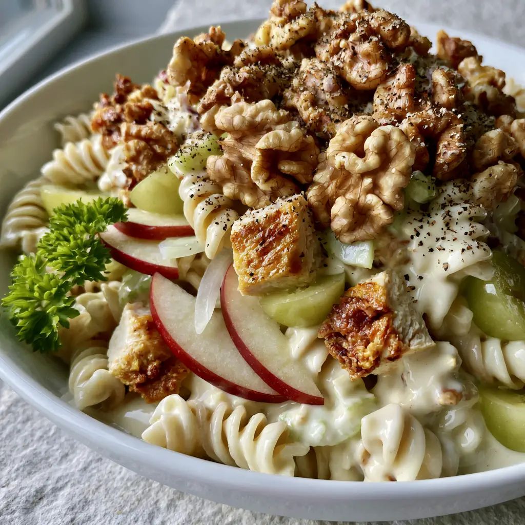 Waldorf Chicken Pasta Salad with Creamy Yogurt Dressing and Toasted Walnuts 2 Handheld smartphone photo of a vibrant Waldorf Chicken Pasta Salad with rotini and seared chicken. (Waldorf Chicken Pasta Salad)