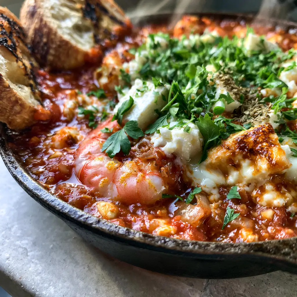 Detailed view of charred sourdough baguette dipping into a rich red tomato sauce with toasted feta cheese and seared shrimp.
