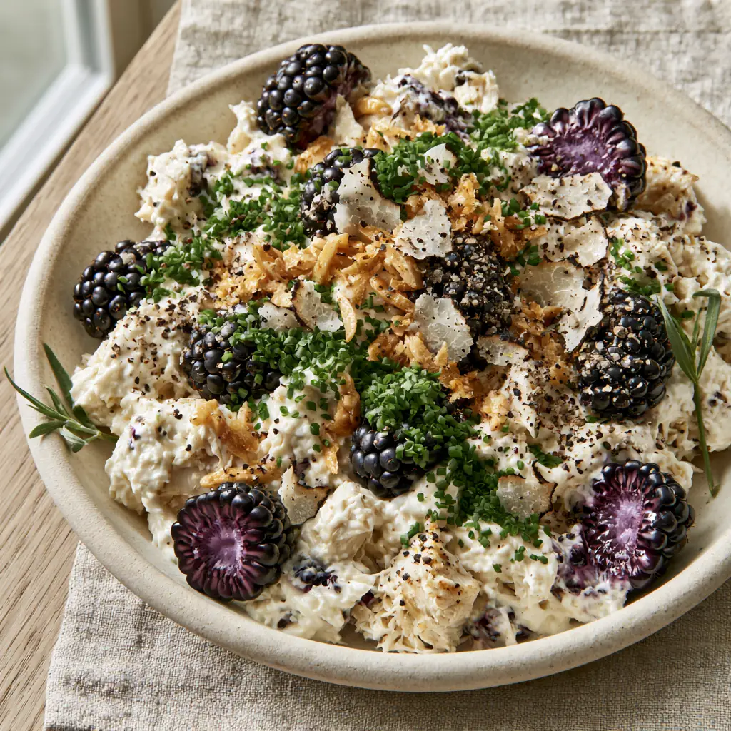 Premium food photography of Blackberry Cottage Cheese Chicken Salad garnished with golden slivered almonds and fresh tarragon sprigs in a ceramic bowl.