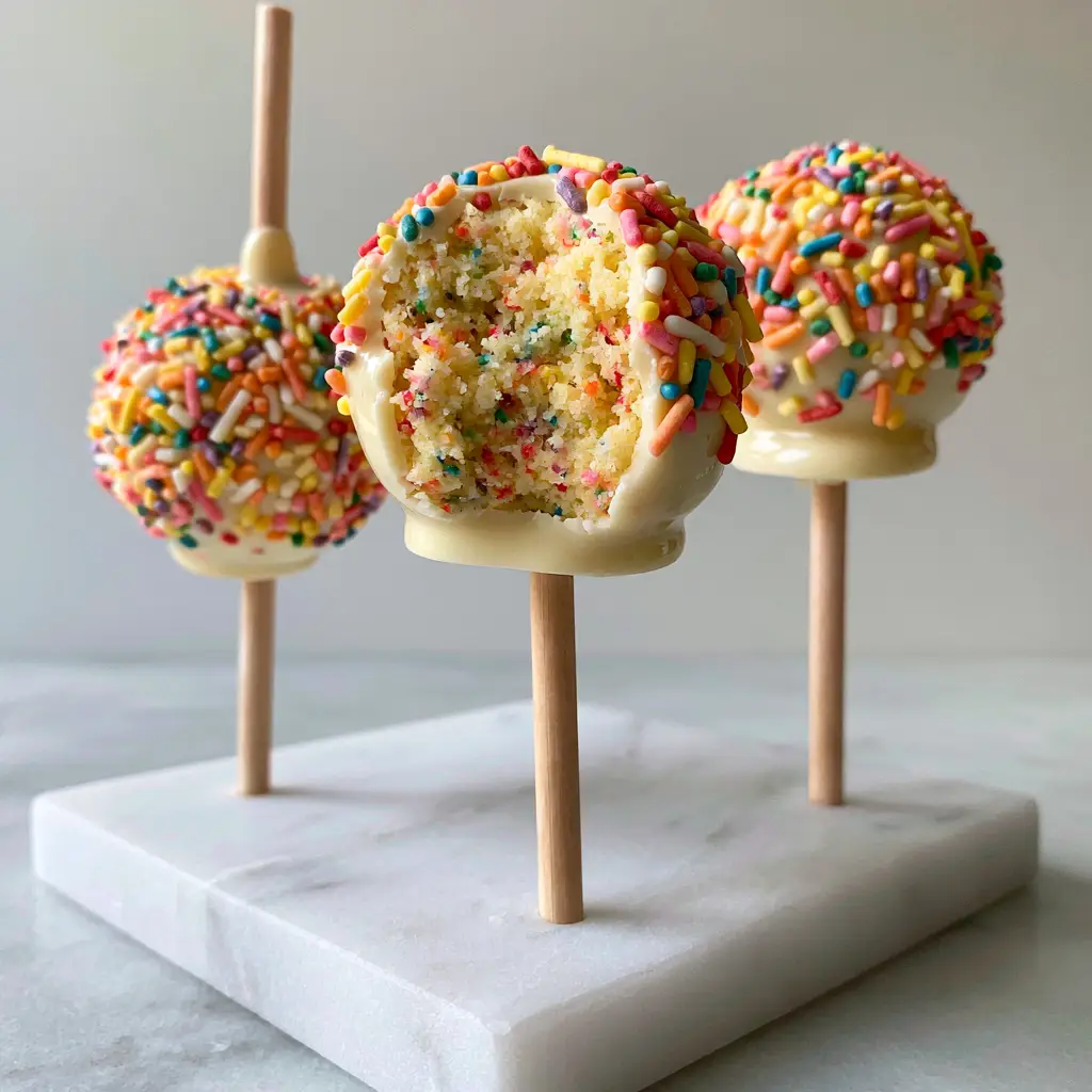 Funfetti Cake Pops: The Best Moist Yellow Cake Recipe 1 Three gourmet funfetti cake pops on a minimalist white marble slab with soft morning light and a neutral grey background.