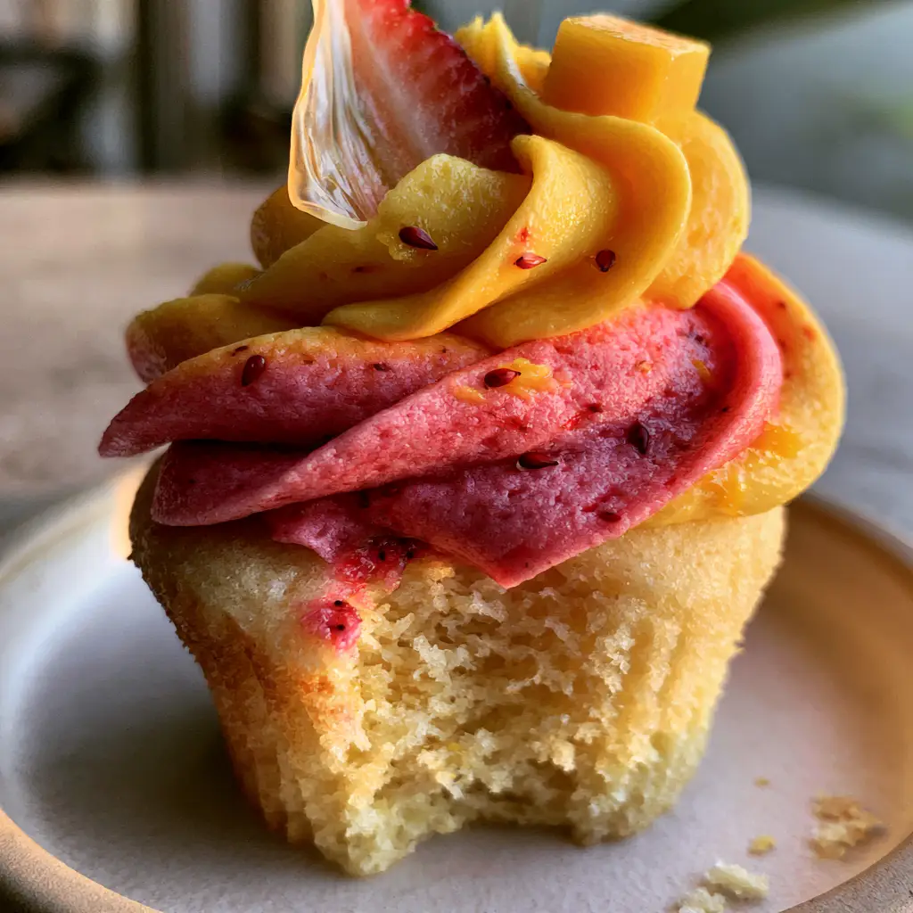 Eye-level view of a single gourmet cupcake with velvety strawberry and mango ombre buttercream and fresh fruit garnish under golden hour light.