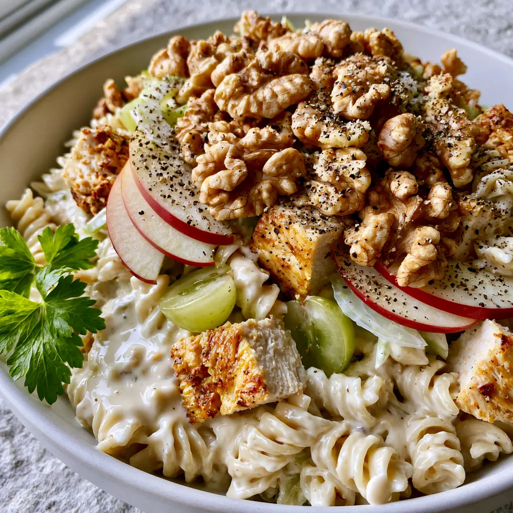 Waldorf Chicken Pasta Salad with Creamy Yogurt Dressing and Toasted Walnuts 1 Detailed view of the textures in the Waldorf Chicken Pasta Salad including apples and grapes.