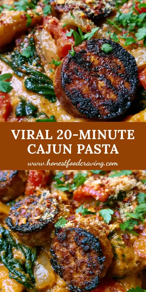 Cajun Sausage Pasta with a Creamy Sunset-Orange Skillet Sauce 4 A close-up vertical shot of creamy Cajun Sausage Pasta in a cast iron skillet with charred andouille and vibrant green spinach.