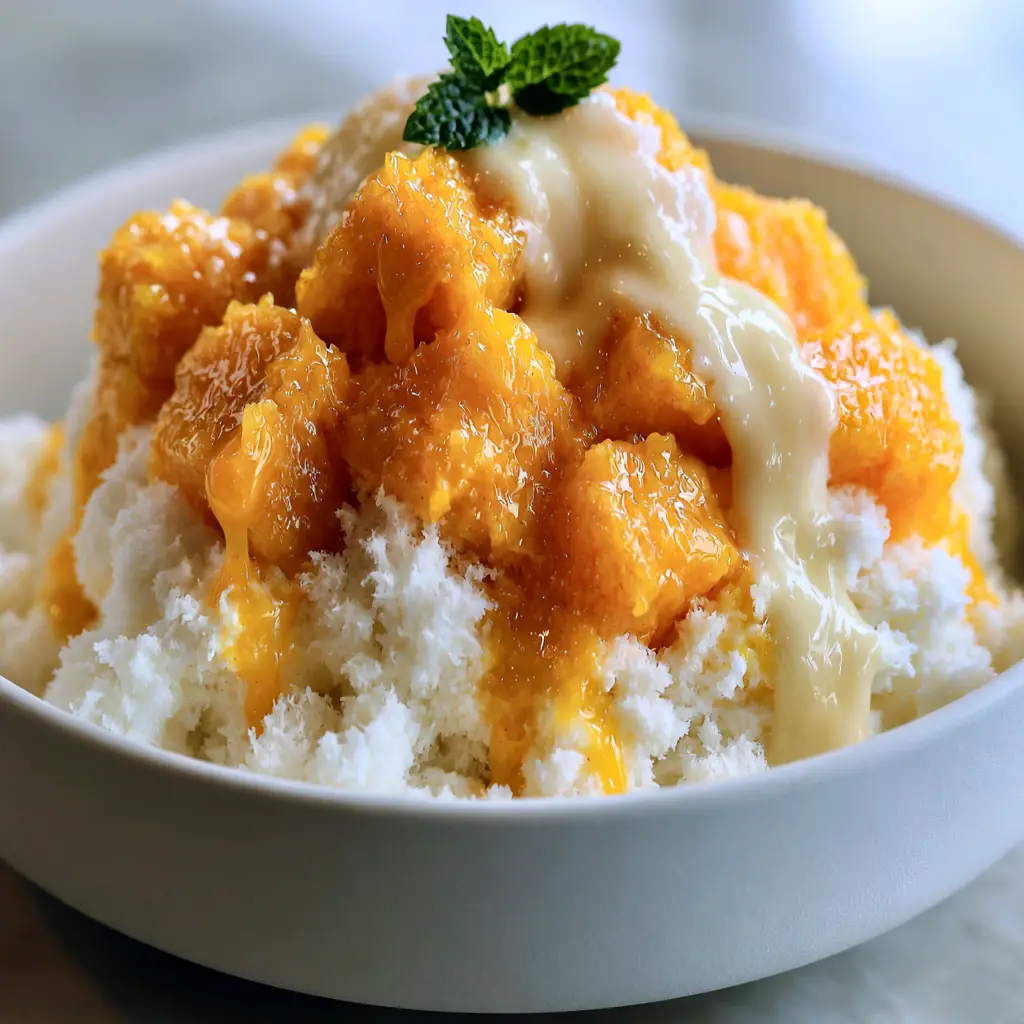Mango Bingsu: The Ultimate Guide to Fluffy Korean Shaved Milk Ice 2 Macro shot of fluffy crystalline milk ice flakes and juicy mango chunks. (mango bingsu)