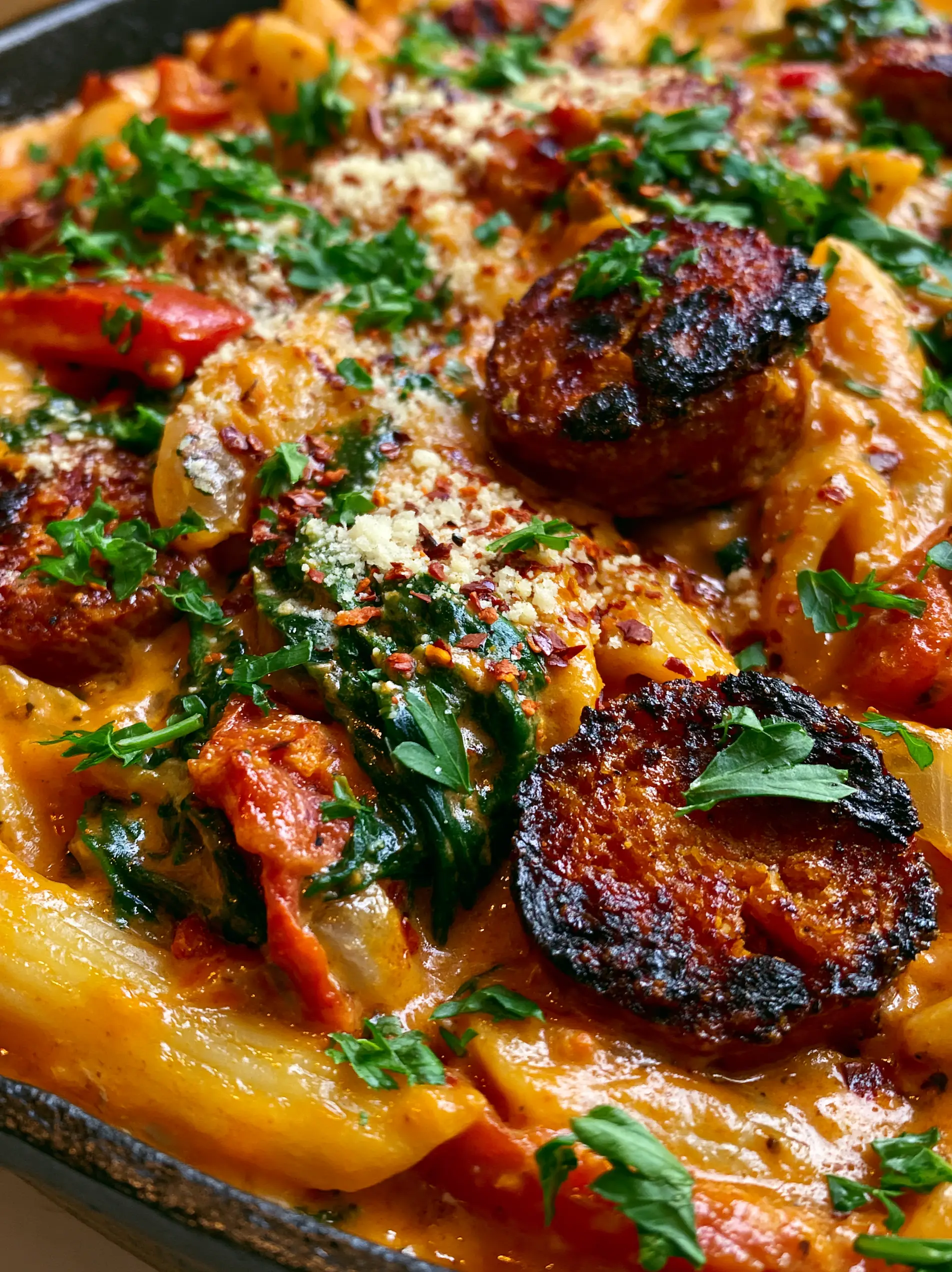 Cajun Sausage Pasta with a Creamy Sunset-Orange Skillet Sauce 3 Macro close-up of Cajun Sausage Pasta showing glossy sunset-orange sauce and charred sausage edges. (Cajun Sausage Pasta)