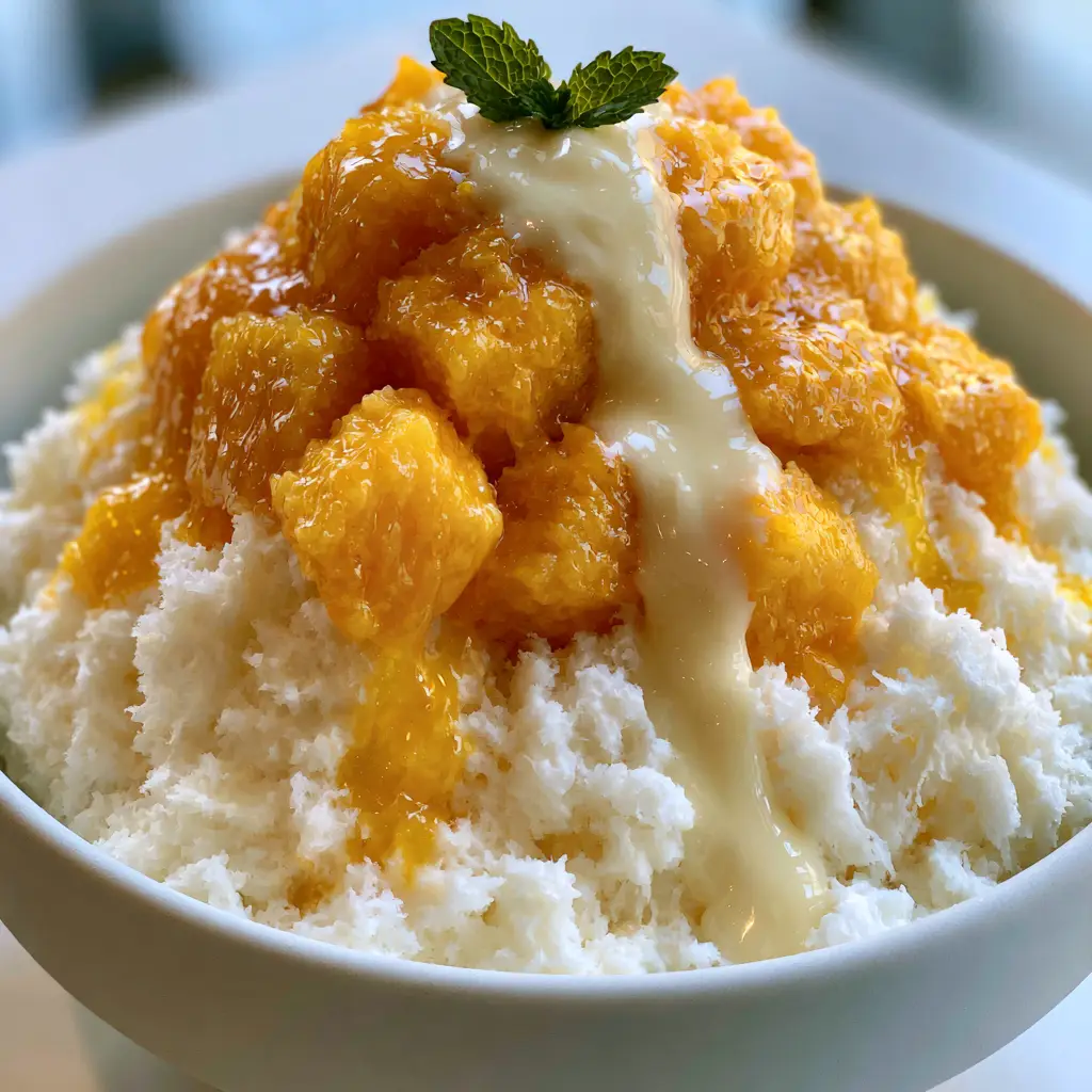 Mango Bingsu: The Ultimate Guide to Fluffy Korean Shaved Milk Ice 1 A silver spoon lifting a portion of snowy milk ice and a vibrant yellow mango cube from a bowl. (mango bingsu)