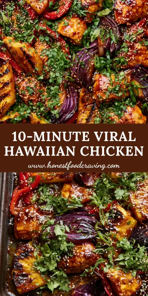 A rustic dark metal sheet pan filled with Hawaiian chicken chunks in a thick amber glaze with caramelized pineapple and charred peppers.