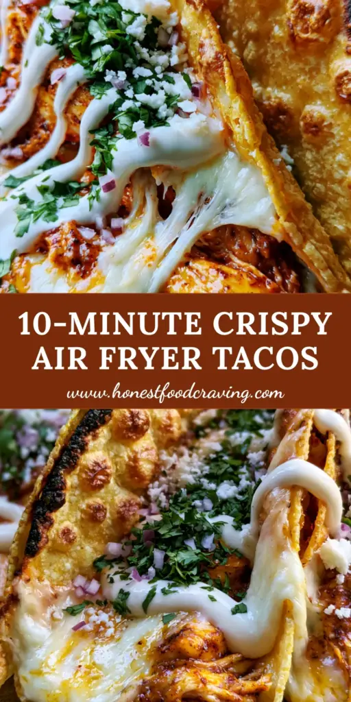 Air Fryer Tacos: The Ultimate Guide to Crispy, Blistered Perfection 4 Three crispy air fryer tacos with blistered corn shells, melted cheese, lime crema, and fresh cilantro on a stoneware plate.