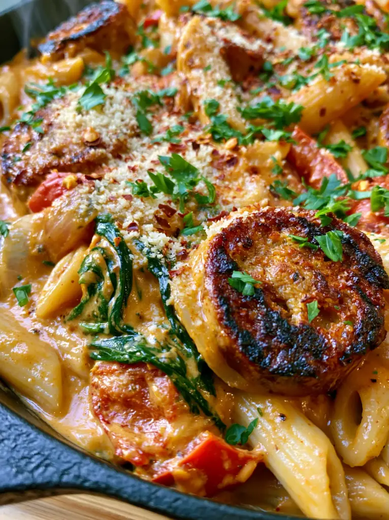 Cajun Sausage Pasta with a Creamy Sunset-Orange Skillet Sauce 1 45-degree angle shot of Cajun Sausage Pasta in a seasoned black skillet with steam rising.