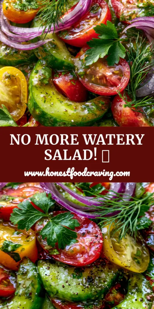 A top-down view of a vibrant Cucumber and Tomato Salad with glossy vinaigrette, curled red onions, and fresh dill in a ceramic bowl.