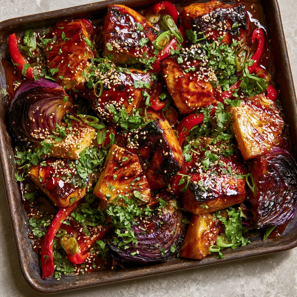 Caramelized pineapple wedges and charred red bell peppers interspersed with Hawaiian chicken on a sheet pan.