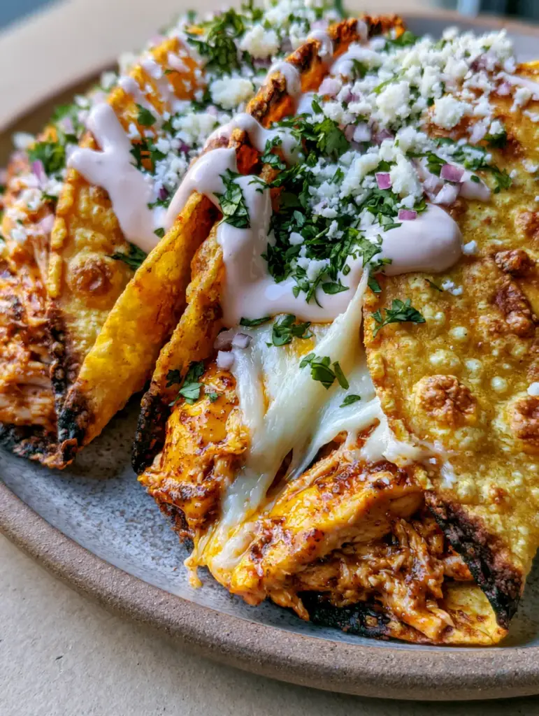 Air Fryer Tacos: The Ultimate Guide to Crispy, Blistered Perfection 1 Side view of air fryer tacos with a meticulously drizzled lime crema and micro-diced red onion.