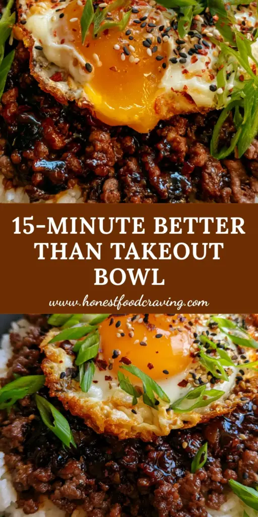 A top-down view of a Korean beef bowl with glistening mahogany glazed beef, a lacy fried egg with a runny orange yolk, and fresh scallions on jasmine rice.