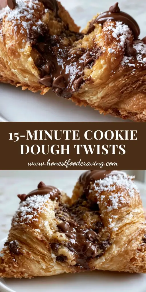 A handheld close-up of a warm Chocolate Chip Cookie Dough Twist being pulled apart to reveal a molten chocolate center. (Chocolate Chip Cookie Dough Twists)