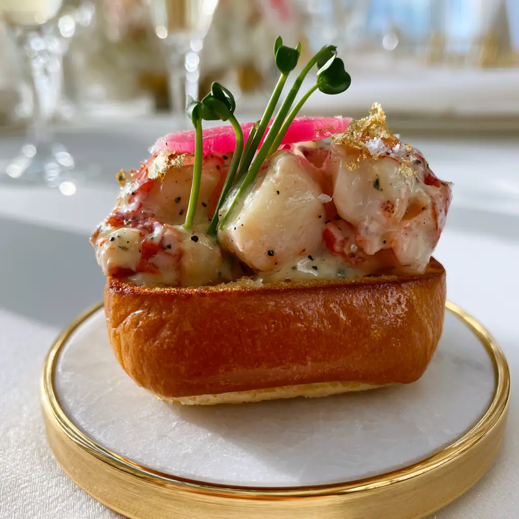 Mini Wedding Menu: Luxury Lobster Brioche Bites with Gold Leaf 2 Macro shot of a single miniature lobster roll with chilled tail meat and gold leaf. (Mini wedding menu)