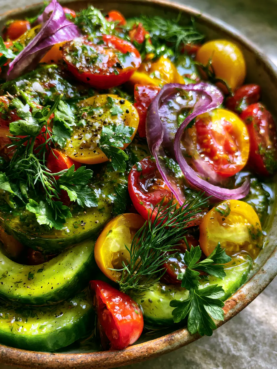 Macro close-up of a Cucumber and Tomato Salad showing glistening heirloom tomatoes and thick cucumber crescents with a glossy herb dressing.