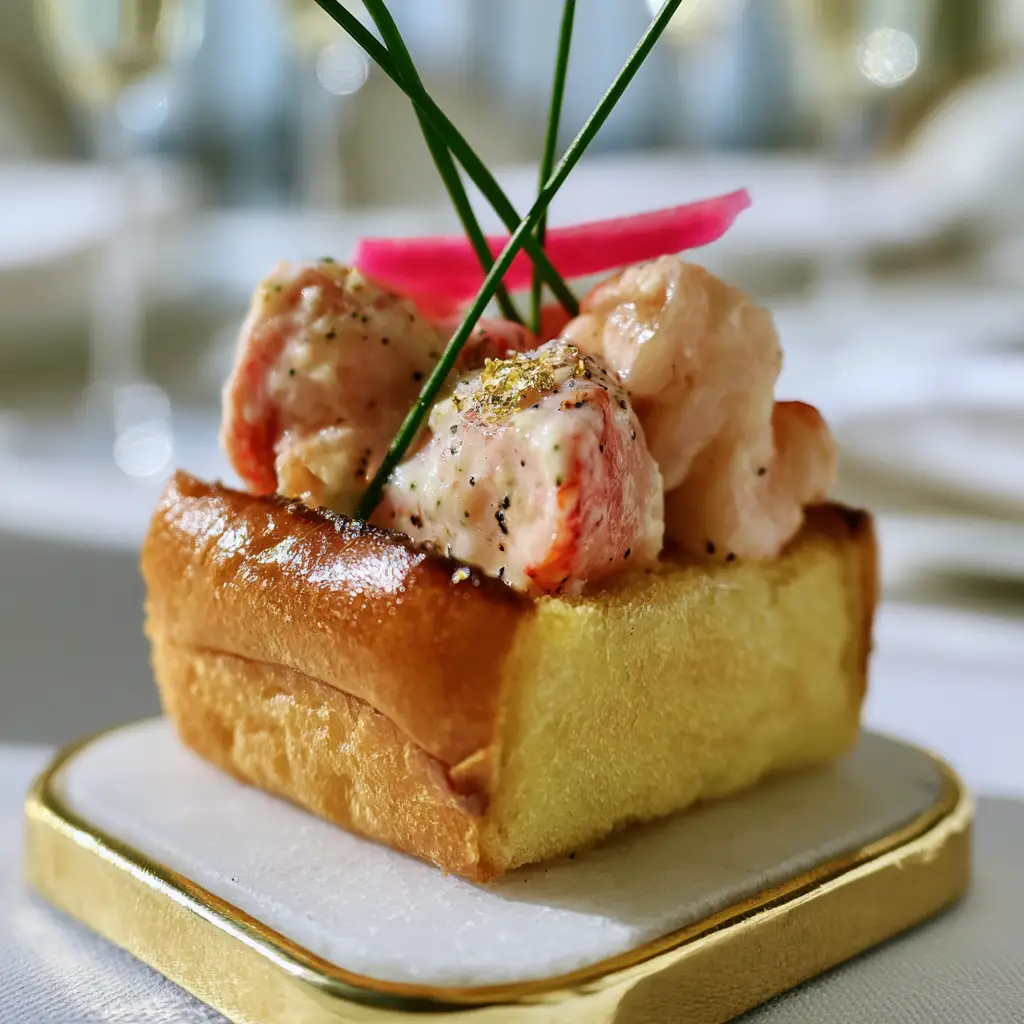 Mini Wedding Menu: Luxury Lobster Brioche Bites with Gold Leaf 1 Top-down view of a butter-toasted brioche lobster bite garnish with micro-chives.