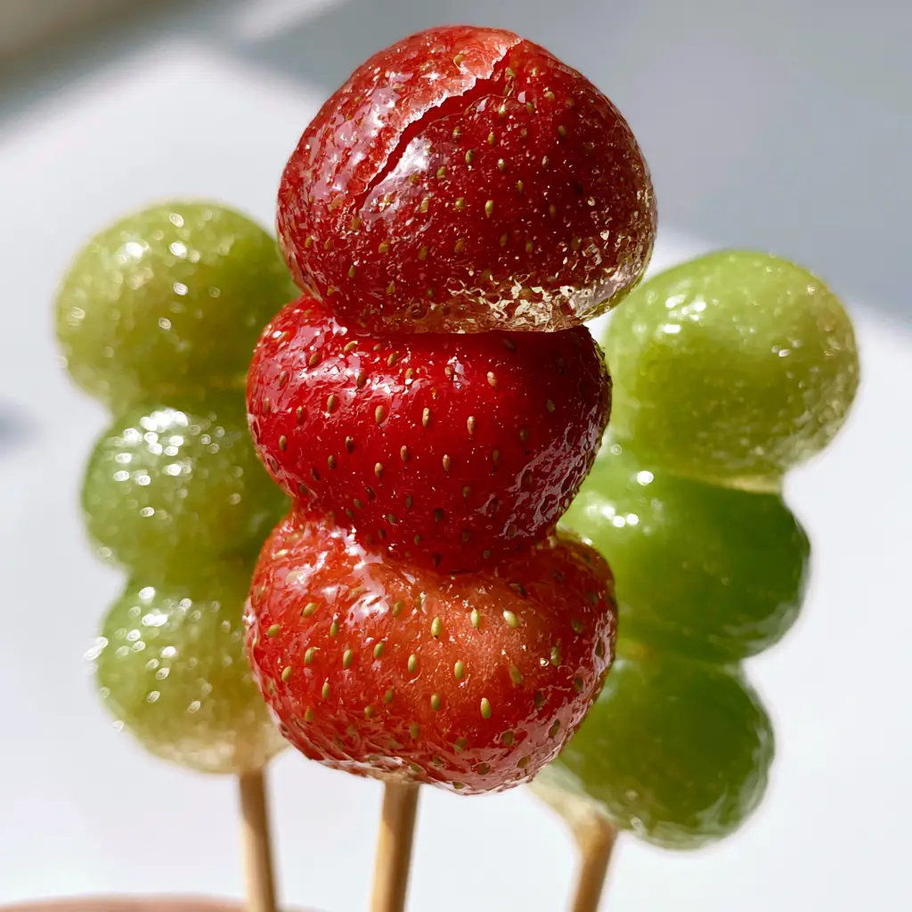 Close-up of Tanghulu strawberry showing a delicate crack in the transparent sugar shell. (Tanghulu)