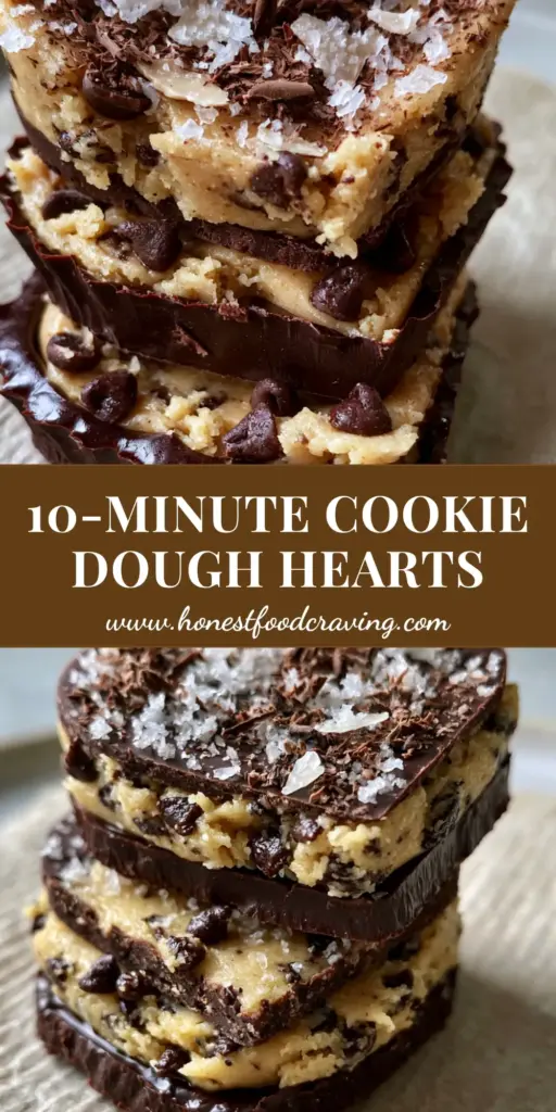 Chocolate Chip Cookie Dough Hearts with a Glossy Dark Chocolate Shell 4 Three elegant heart-shaped chocolate chip cookie dough hearts stacked on textured baking paper with a glossy chocolate base and sea salt topping.