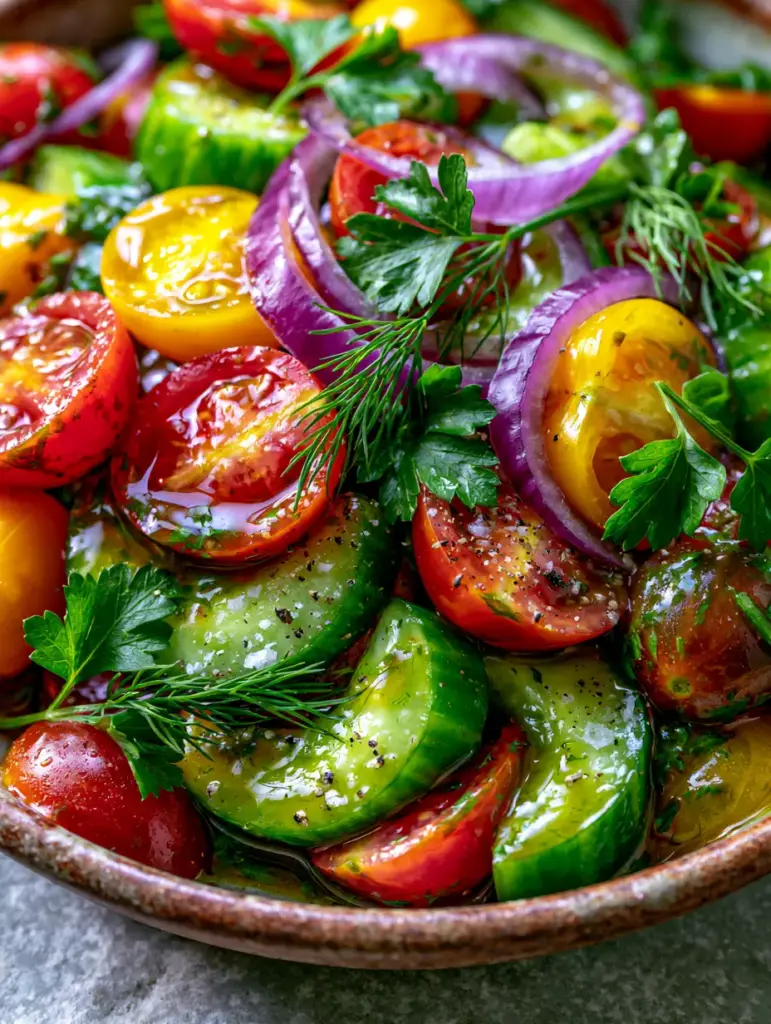 Eye-level shot of Cucumber and Tomato Salad in a rustic bowl featuring paper-thin red onion slices and fresh dill sprigs.