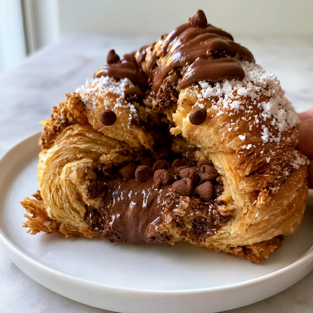 The gooey, molten chocolate center of a Chocolate Chip Cookie Dough Twist during a pull-apart. (Chocolate Chip Cookie Dough Twists)