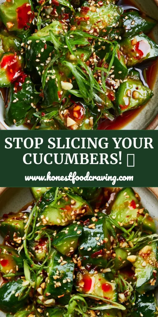 Top-down shot of a smashed Asian cucumber salad in a rustic bowl with glossy soy dressing and chili oil swirls.