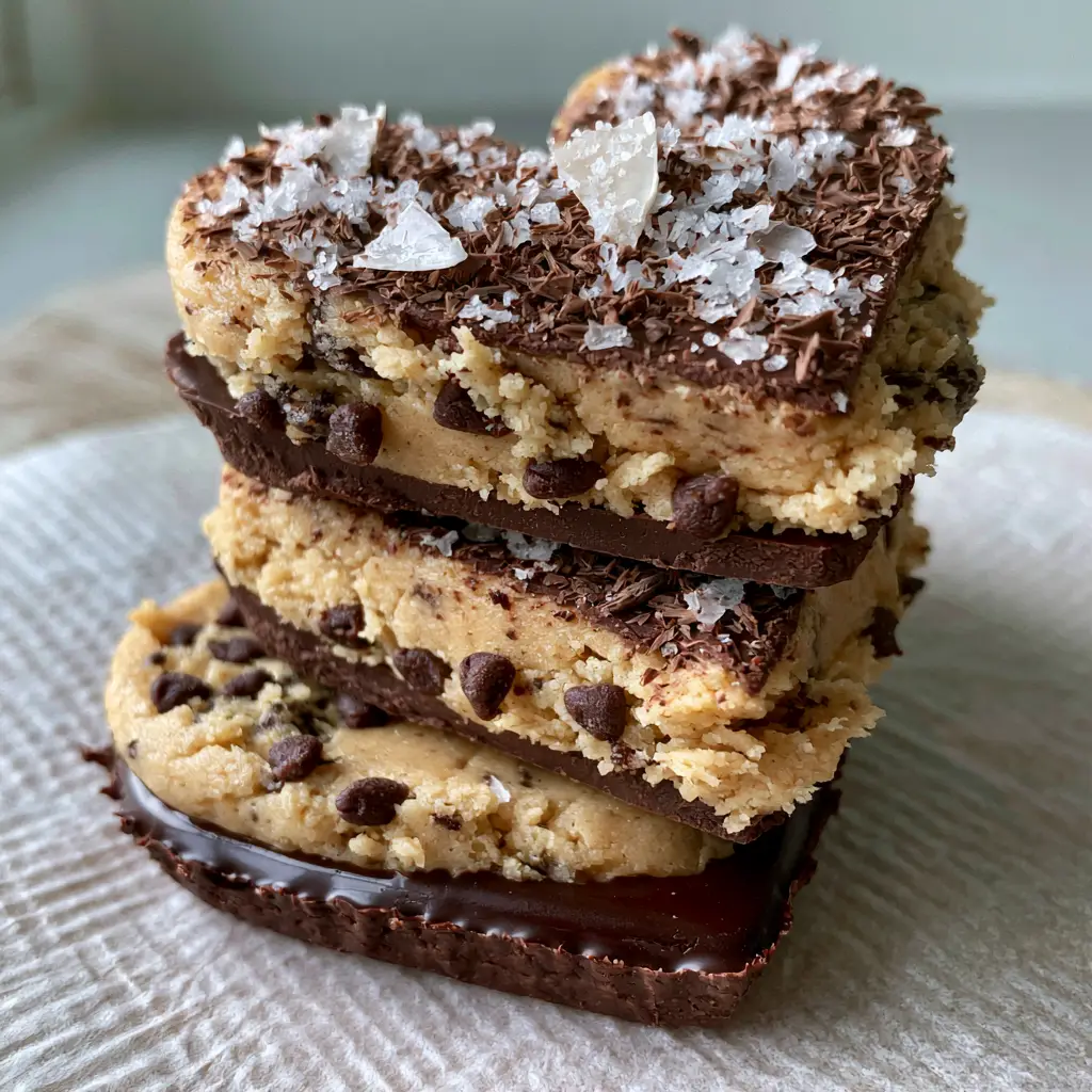 Chocolate Chip Cookie Dough Hearts with a Glossy Dark Chocolate Shell 1 Top view of chocolate chip cookie dough hearts garnished with fine chocolate shavings and flaky Maldon sea salt.
