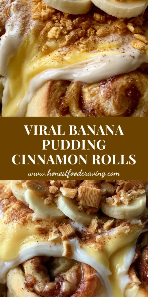 A stack of warm banana pudding cinnamon rolls with thick yellow custard, fresh banana slices, and crushed Nilla wafers.