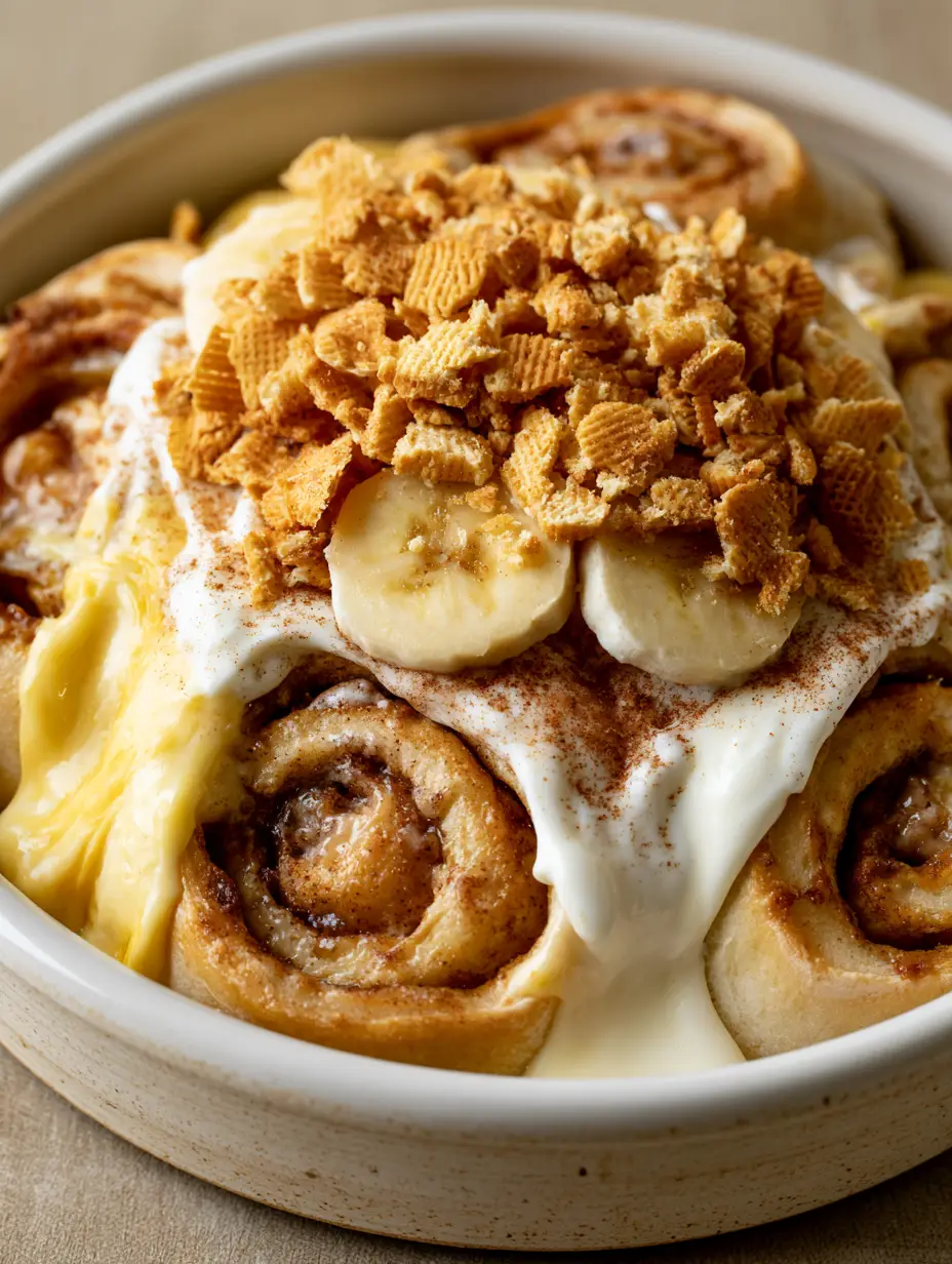 Close-up of golden-brown banana pudding cinnamon rolls with glossy cream cheese icing and vanilla wafer topping.