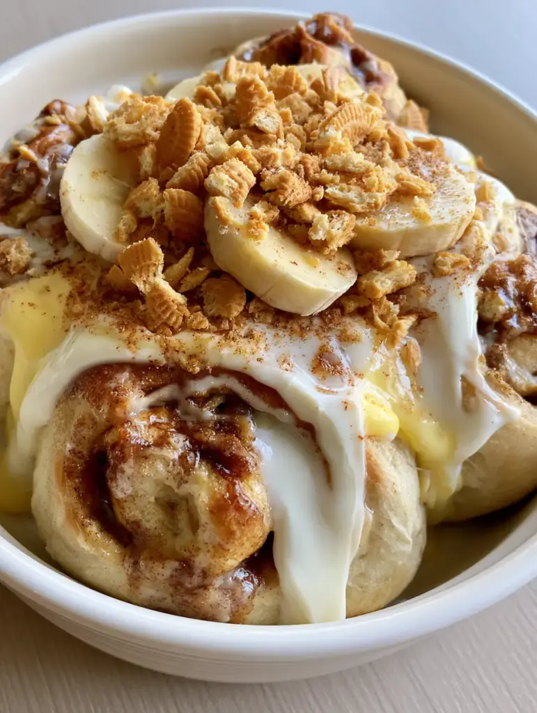High-angle shot of banana pudding cinnamon rolls in a rustic white ceramic dish with pale-yellow banana slices.