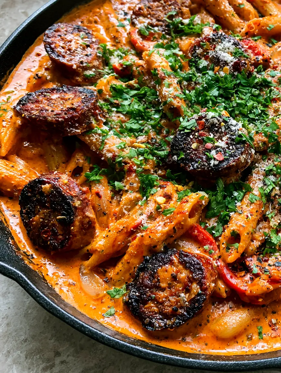 High-angle macro shot of creamy cajun sausage pasta showing glossy orange-red sauce and charred sausage edges. (creamy cajun sausage pasta)