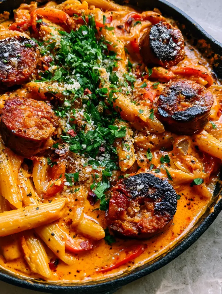 Close up of al dente penne smothered in cajun cream sauce with softened red peppers and onions. (creamy cajun sausage pasta)