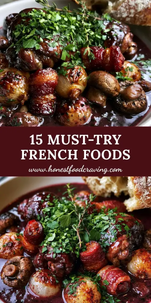 A shallow ceramic bowl filled with rustic Coq au Vin, showing glistening chicken thighs, crispy bacon, and a thick burgundy wine sauce. (famous foods in France)