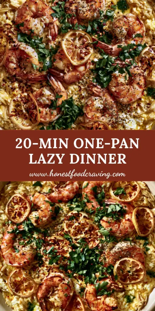 Overhead view of Lemon Feta Orzo Shrimp in a cream ceramic pan featuring seared jumbo shrimp, caramelized lemon wheels, and fresh parsley. (Lemon Feta Orzo Shrimp)