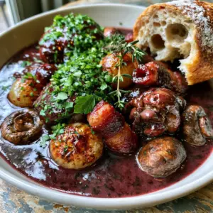 Close up of braised chicken thighs in a glossy red wine sauce with seared pearl onions and mushrooms. (famous foods in France)