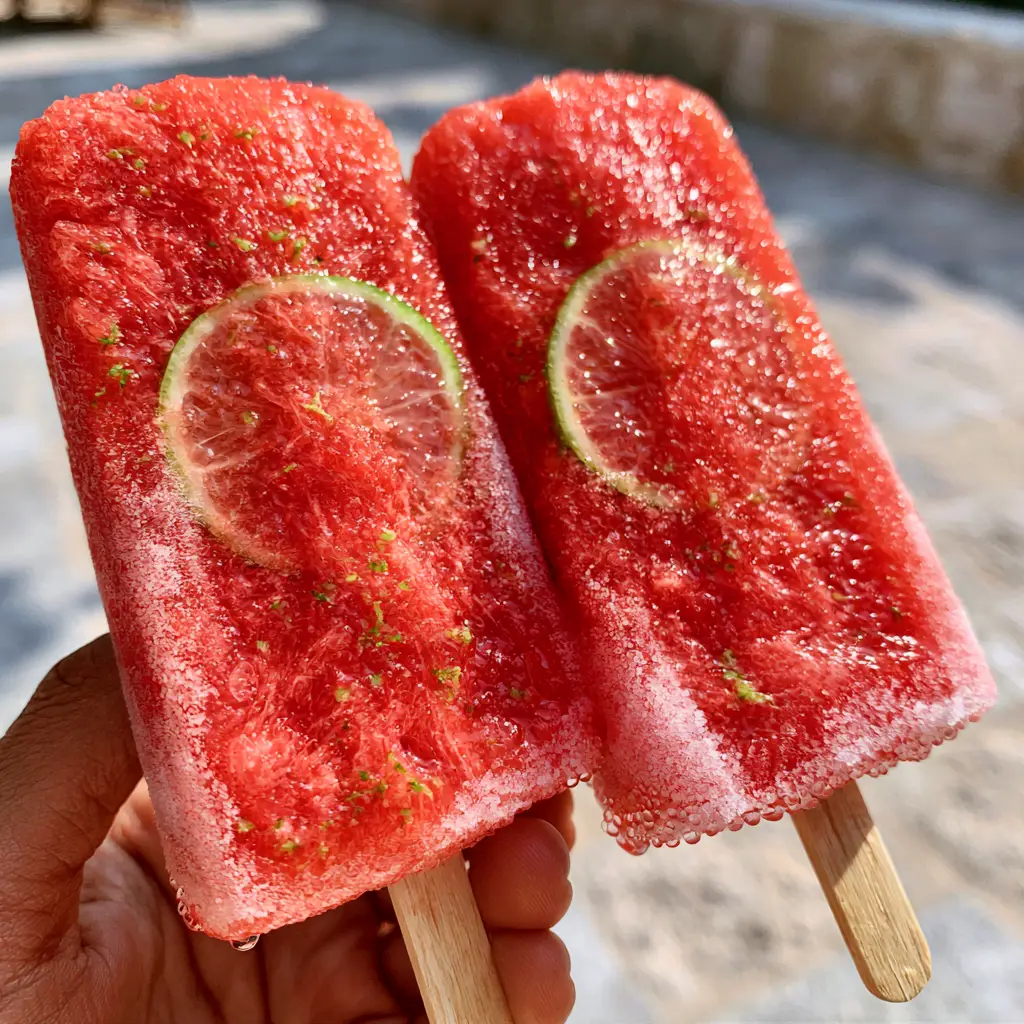 Watermelon Popsicles with Fresh Lime and Zest 2 Close up of frost-covered watermelon popsicles showing the dense pulp texture and bright green lime zest. (watermelon popsicles)
