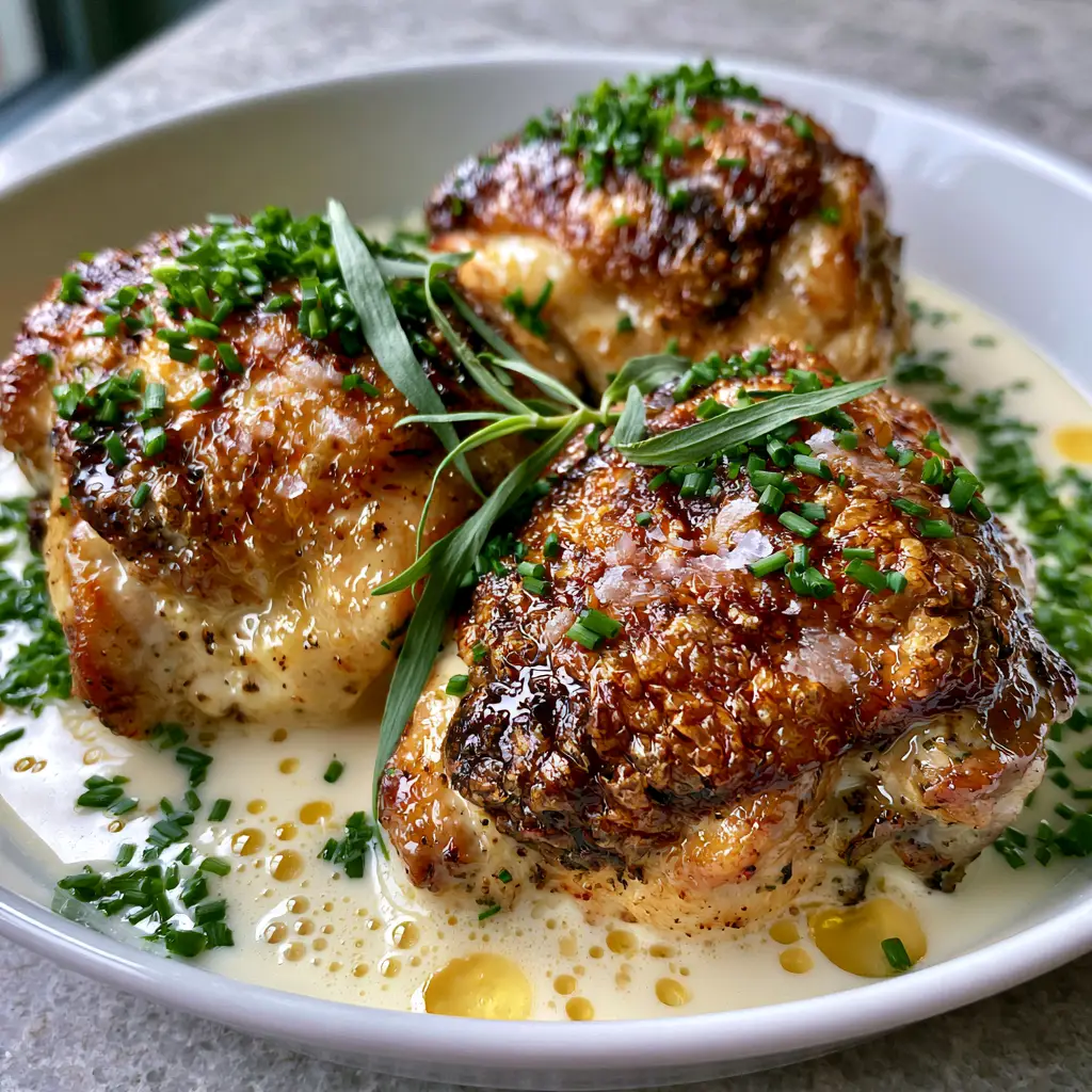 Ivory cream sauce with butter droplets and fresh herbs around seared chicken. (famous French dishes)