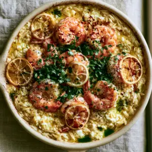 Close up shot of creamy orzo with melted feta and seared pink shrimp in a rustic cream pan. (Lemon Feta Orzo Shrimp)